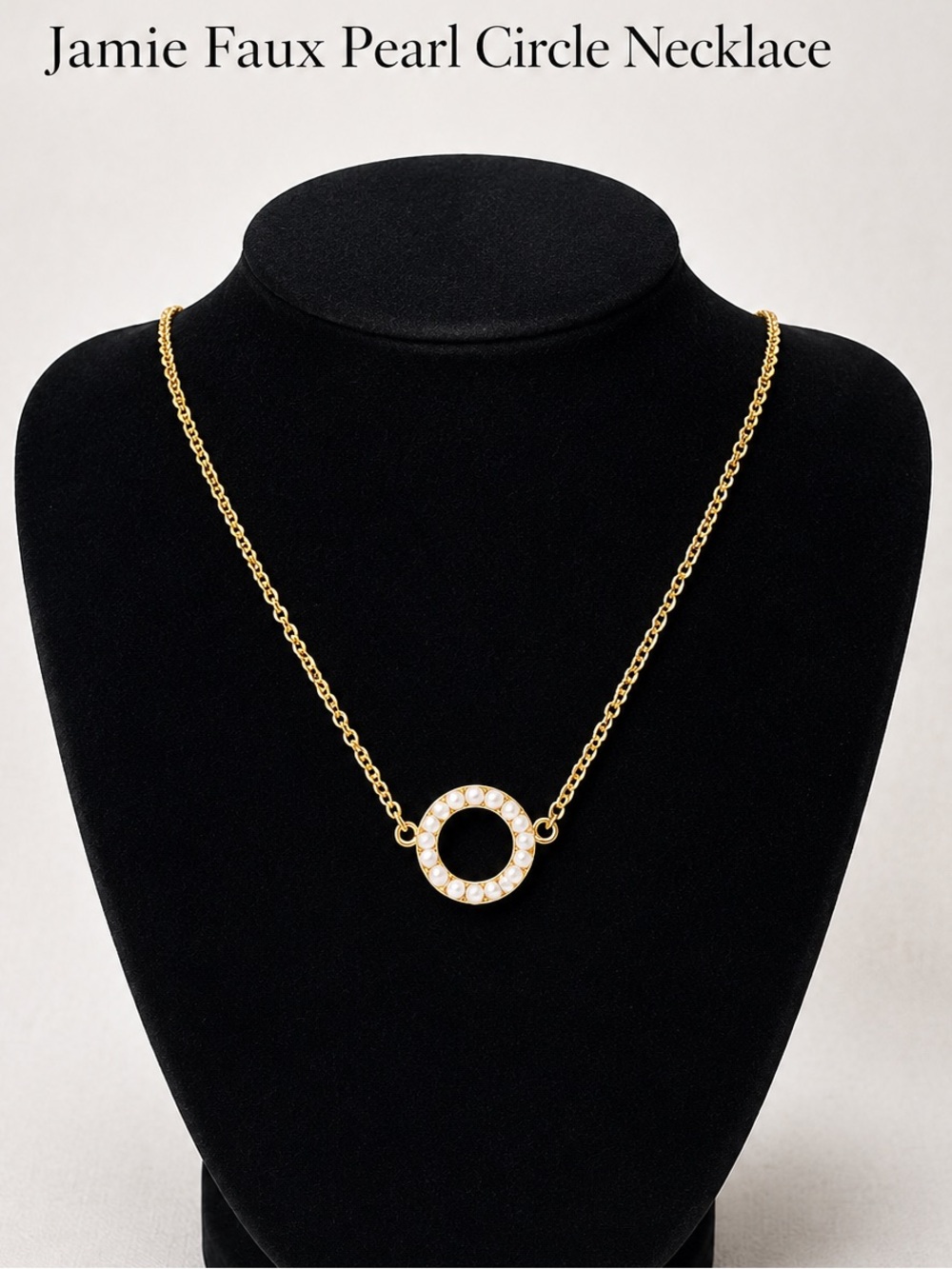 Jaime 24k Gold Plated Faux Pearl Circle Necklace 18” with 3” Extender Velvet Bag